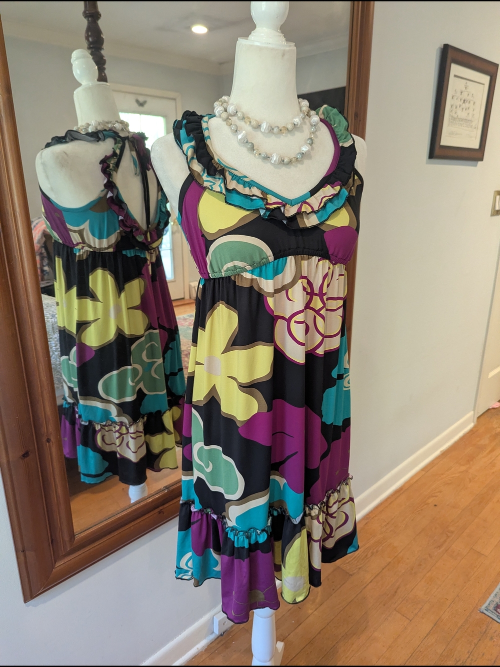 Johnny Martin Floral Ruffle-Trim Mini Dress in Black, Purple, Teal, Yellow